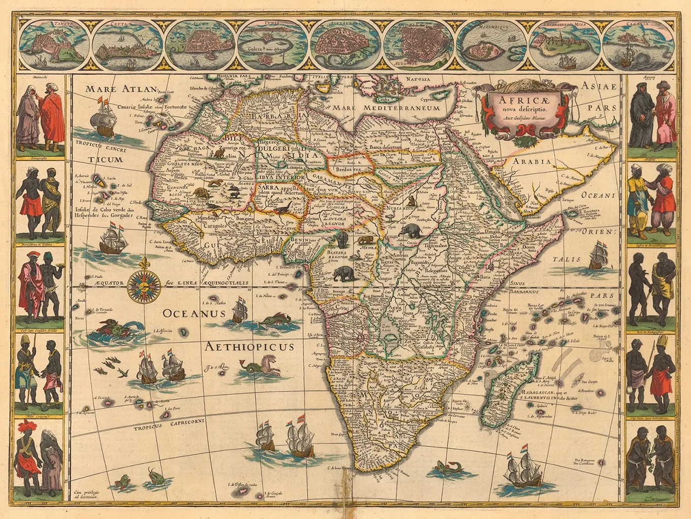 Carte de l'Afrique dessinée par Willem Blaeu, édition colorisée de 1644