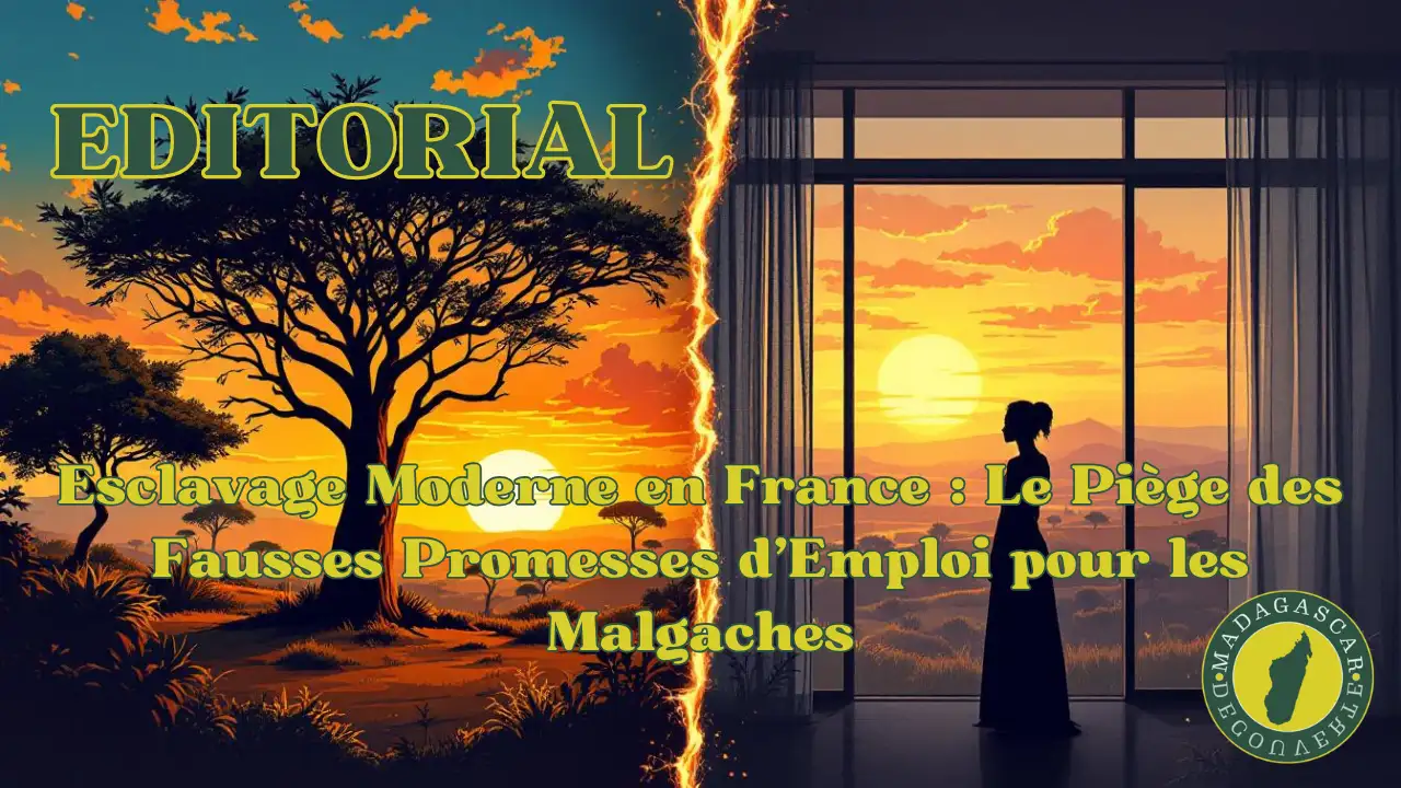 Cette image symbolise un rêve brisé.  À gauche, les couleurs chaudes et vibrantes de Madagascar représentent la promesse d'un avenir meilleur. À droite, la réalité froide et grise d'un appartement en France où une silhouette féminine se retrouve piégée.  Entre ces deux mondes, une barrière de verre fissurée illustre la promesse rompue et le piège de l'esclavage moderne qui s'est refermé sur elle.